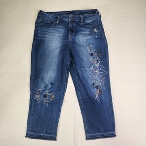 Bandolino Embroidered Capris Jeans Women's 12 Blue Denim Cropped Frayed Hem